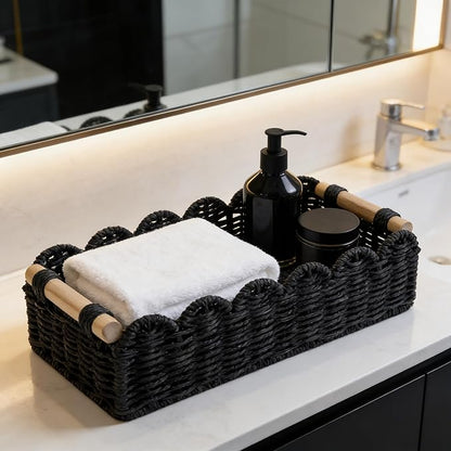 Black Paper Rope Scalloped Basket with Wooden Handles, Modern Bathroom Counter Organizer Basket for Vanity, Toilet Tank Top, Shelves & Coffee Table – 14" x 6.3" x 3.9"