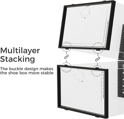 Pinkpum 15 Pack X-Large Shoe Storage Boxes Fit Size 11, Shoe Organizer for Closet Clear Plastic Stackable Shoe Dispaly Case Bins Holder, Sneaker Storage for Sneakerheads Black