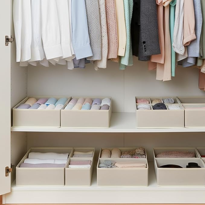 Drawer Organizer Set 4 Pack - Foldable Fabric Storage Bins with Zipper Bottom for Underwear Socks Bras Baby Clothes - Closet Dresser Organizers Dividers for Bedroom Nursery, Beige