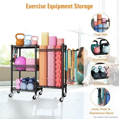 FUTASSI Home Gym Storage, 3 Tiers Workout Equipment Organizer with Wheels for Yoga Mats, Foam Roller, Dumbbells, Kettlebells, and Resistance Bands