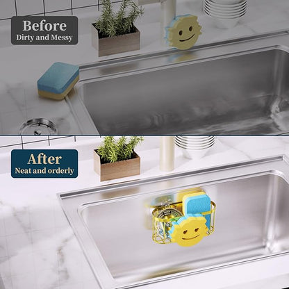 Consumest Sponge Holder Smiley Face - Kitchen Sink Caddy, Sink Organizer with Removable Suction Cups & Adhesive Strips, Suit for Sponge, Soap,Gold
