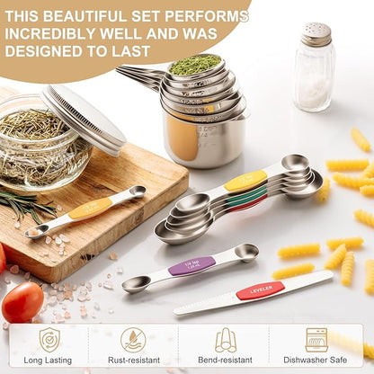 Stainless Steel Measuring Cups & Spoons Set, EWFEN Kitchen Tools Nesting Measuring Cups and Spoons, Fits in Spice Jars for Baking & Cooking, BPA Free, Set of 15 with Leveler, Multicolor