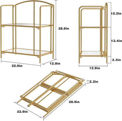 Crofy No Assembly Folding Bookshelf for Living Room, 2 Tier Gold Collapsible Book Shelf for Home Office, Portable Bookcase Storage Organizer
