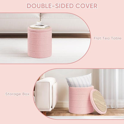 PINPLUS Round Storage Ottoman Foot Rest Stool with Tray Velvet Sherpa Folding Storage Ottoman,Boucle Foot Rest for Living Room, Bedroom, Dorm（Pink）