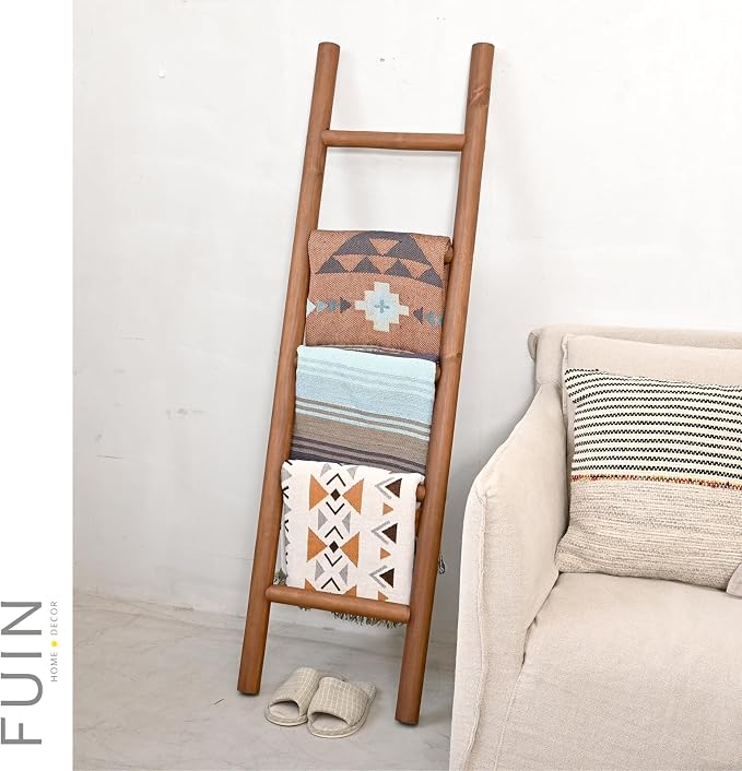 FUIN Fully Assembled 57in Wood Blanket Ladder Living Room Decorative Wall Leaning Farmhouse Quilt Display Holder Rustic Wooden Towel Rack for Bathroom, Dark Brown