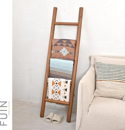 FUIN Fully Assembled 57in Wood Blanket Ladder Living Room Decorative Wall Leaning Farmhouse Quilt Display Holder Rustic Wooden Towel Rack for Bathroom, Dark Brown