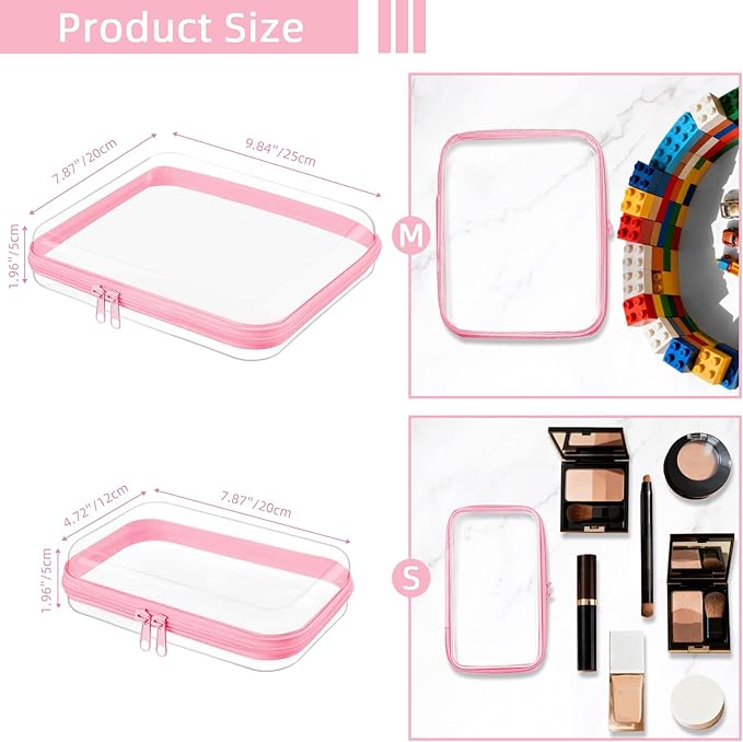 Topfinder Clear Hard Shell Zipper Case,Clear Toy Storage Pouch,Waterproof Transparent Organizer Cosmetic Case for Travel, Office, Home(Pink, M+2*S)
