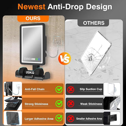 Shower Mirror Fogless for Shaving, LED Heated Rechargeable Fogless Mirror for Shower with Digital Clock & Storage Tray, 3 Color Lighting, Dimmable Touch Screen, Anti-Fog Shaving Mirror for Shower
