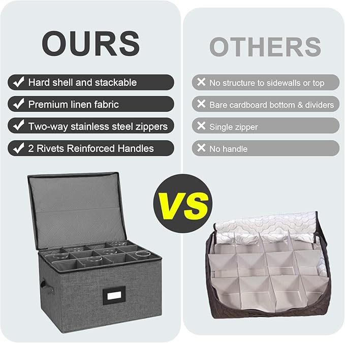 Mayniu Stemware Storage Cases, Wine Glass Storage Box with Dividers – Hard Shell Top, Stackable for Crystal, Glassware Storage Containers for Packing, Moving & Home (17"x13"x10" Black)