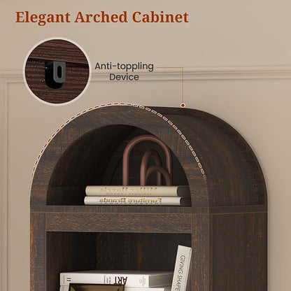 UPOSOJA 76" Tall Narrow Arched Bookcase,7-Teir Mid-Century Modern Bookshelf,Adjustable Shelves offering More Storage Space for Living Room,Kitchen,Home Office,Walnut
