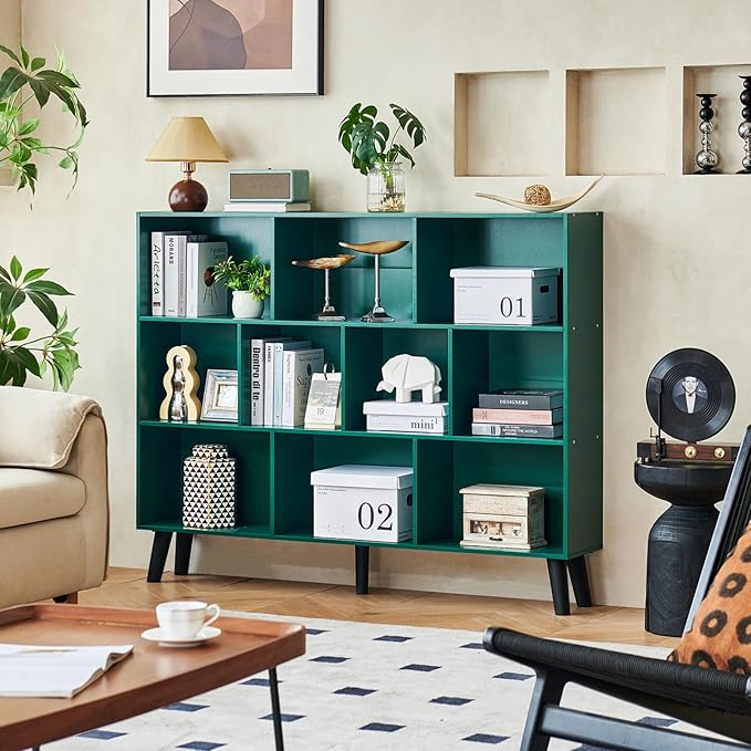 LEYAOYAO 10 Cube Bookshelf, 3 Tier Vintage 55" Wide Bookcase with Legs, Mid-Century Wood Bookshelves Storage, Dark Green Large Book Case, Freestanding Organizer Display Shelf for Living Room, Office