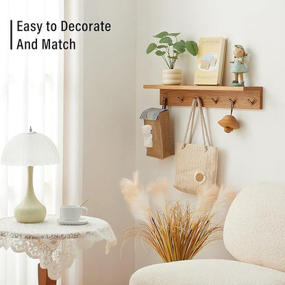 Wall Hooks with Shelf Oak Wood Coat Rack Shelf Wall Mounted, Entryway Shelves with 6 Metal Hangers for Clothes Hats Towel for Bathroom, Bedroom, Living Room (Natural, 27.5 inches)