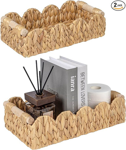Decorative Toilet Paper Storage Basket, Modern Farmhouse Home Decor Scalloped Basket for Organizing, Pantry Baskets for Shelves, Countertop, Living Room, w/Wood Handles, Natural, 2 Sizes