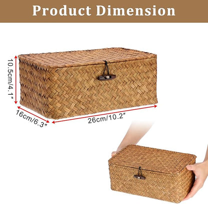 Sumnacon Wicker Basket with Lid Rectangle Woven Baskets for Toiletries Tampon Storage,Wicker Storage Basket with Lid,Decorative Seagrass Storage Baskets for Shelf Bathroom Toilet Table, Caramel