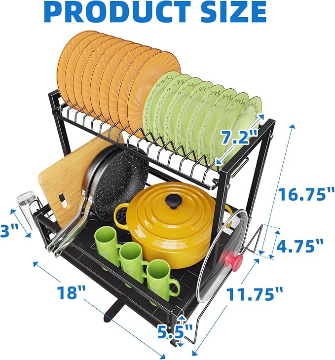 Simple Trending Dish Rack Over the Sink, Dish Drying Rack for Kitchen Counter, 2-Tier Stainless Steel Dish Drainer, Black