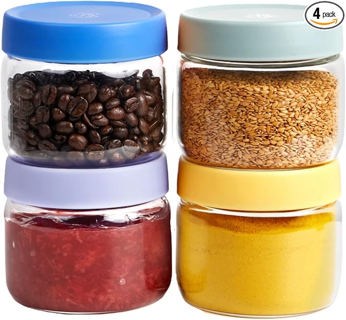 iyayayuanyuan Premium 10oz Borosilicate Glass Jars with Airtight Lids (4 Pack) - Freezer, Oven, Microwave & Dishwasher Safe (-4°F to 446°F), Stackable for Spices, Coffee, Chia Pudding, Snacks & Pantry