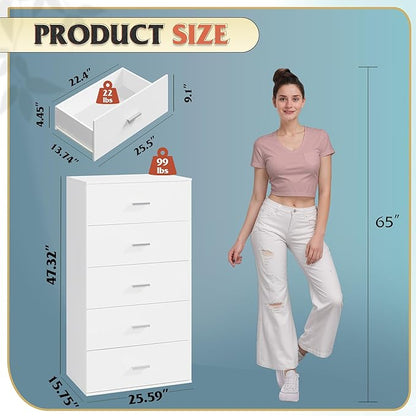 WLIVE Tall Dresser for Bedroom, Wood Chest of Drawers with Mental Handles, White Bedroom Dresser with 5 Drawers, Modern Minimalist Closet Store Organizer for Living Room, Hallway