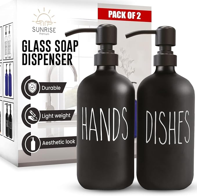 Sunrise Premium 16 OZ Thick Black Glass Soap Dispenser, Matte Black Stainless Steel Pump 2 Pack, Hand and Dish Soap Dispenser Set for Bathroom with 6 Waterproof Labels
