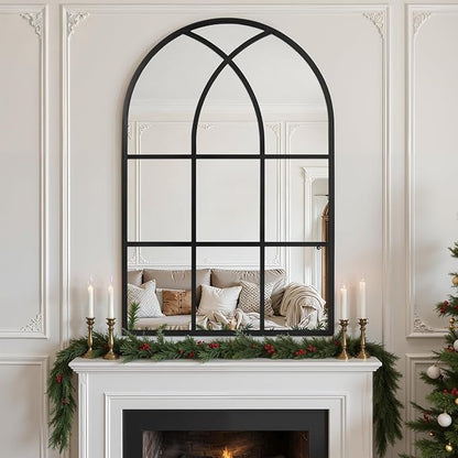Arched Window pane Wall Mirror 30"x40", Window Shaped Farmhouse Style with Aluminum Frame, Decorative Wall Mirror Leaning Hanging for Living Room, Courtyard, Bedroom, Entryway, Black
