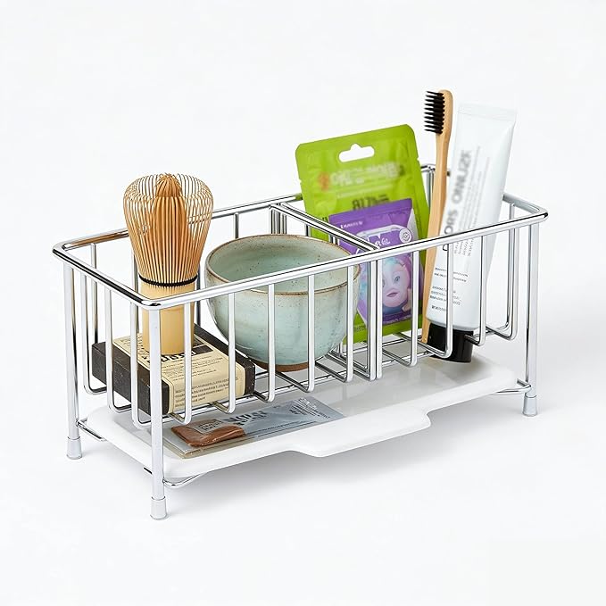 MAXCOOK Kitchen Sink Sponge Holder, 304 Stainless Steel Soap Dispenser Caddy Organize, Kitchen Sink Brush Caddy Holder with Removable Drain Tray