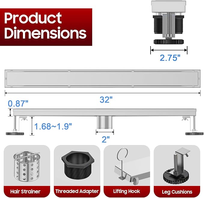 DLONE Linear Shower Drain | 32" AISI 304 Stainless Steel Linear Drain, Brushed Nickel Shower Drain with Tile Insert Panel & Adjustable Feet, Long Rectangle Shower Floor Drain in Bathroom, Balcony etc