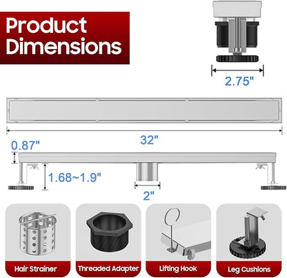 DLONE Linear Shower Drain | 32" AISI 304 Stainless Steel Linear Drain, Brushed Nickel Shower Drain with Tile Insert Panel & Adjustable Feet, Long Rectangle Shower Floor Drain in Bathroom, Balcony etc