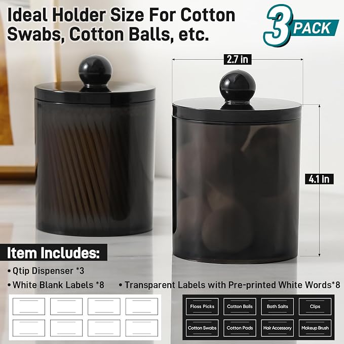 3 Pack Acrylic Qtip Holder Dispenser for Cotton Swabs, Balls, Pads, Floss Picks- Clear Plastic Canister Apothecary Jar Set, Bathroom Essentials Accessories Decor Vanity Makeup Storage Organizer -Black