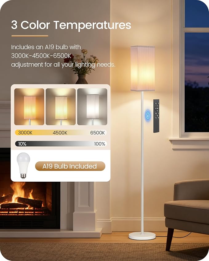 64.2” Dimmable Floor Lamp for Living Room with Remote and Foot Switch, Corner Floor Lamp for Bedroom, Includes 10W A19 Bulb, Modern Standing Tall Lamp, ETL Listed, White WCW17LD05