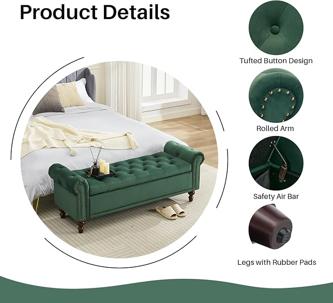58.1" Storage Bench Upholstered Velvet End of Bedroom Bed Bench Ottoman with Tufted Cushioned Rolled Arm Large Storage Space for Reading Living Room Entryway,Dark Green