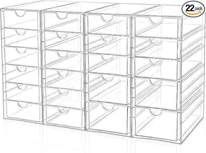Makeup Drawer Storage Organizer with 22 Drawers, 4 Set Acrylic Office Desk Organization and Storage, Dustproof Drawer Organizer for Makeup, Office, Countertop, Jewelry, Pen, Desktop, Bathroom, Bedroom