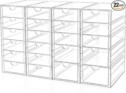 Makeup Drawer Storage Organizer with 22 Drawers, 4 Set Acrylic Office Desk Organization and Storage, Dustproof Drawer Organizer for Makeup, Office, Countertop, Jewelry, Pen, Desktop, Bathroom, Bedroom