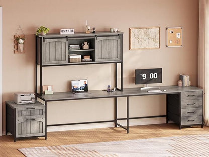 SEDETA Farmhouse L Shaped Office Desk with 6 Drawer, Reversible Computer Desk with Power Outlet, Hutch for Home Office/Two Person, Corner Desk with File Drawer & Printer Storage Shelves, Grey