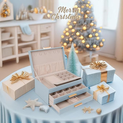 Dajasan Jewelry Organizer Box, Jewelry Storage Organizer with 2 Drawers, 3-Tier Large Jewelry Gift Box for Women, Girls, Friends, Wife or Mother, Gift Idea (Smoky Blue)