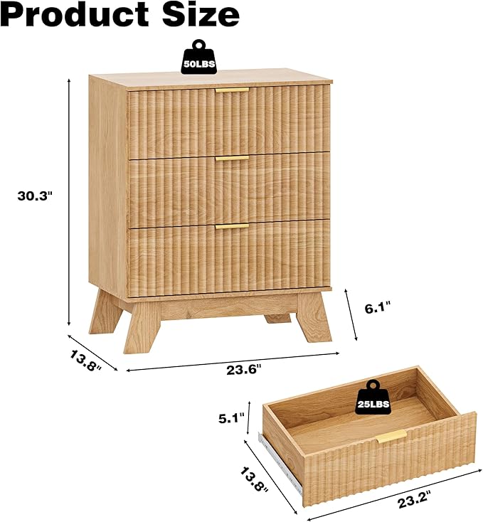 Fluted 3 Drawer Dresser for Bedroom, Mid Century Modern Beside Table with Metal Handle, Wooden Nightstand with 5 Drawers End Table for Living Room, Closet, Entryway, Oak