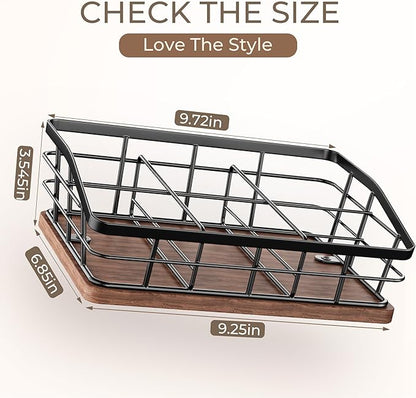 Tea Bag Organizer, Tea Bag Holder Storage with 6 Slots Iron Wire Basket with Wooden Base, Tea Bar Accessories for Countertop Cabinet Drawer, Tea Station for Coffee Capsules Creamer Sweetener Sugar