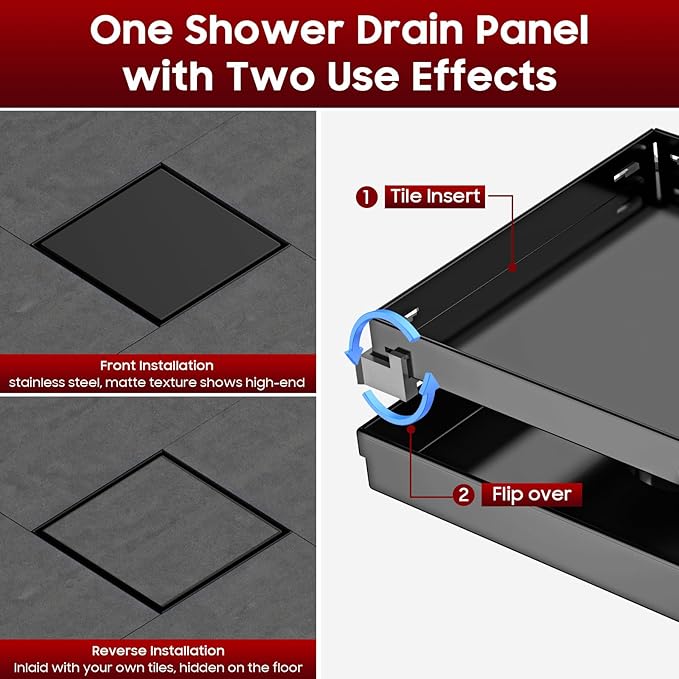 DLONE Square Shower Drain | 6 Inch AISI 304 Stainless Steel Shower Drain with Tile Insert Panel, Matte Black Shower Floor Drain in Bathroom, Balcony etc