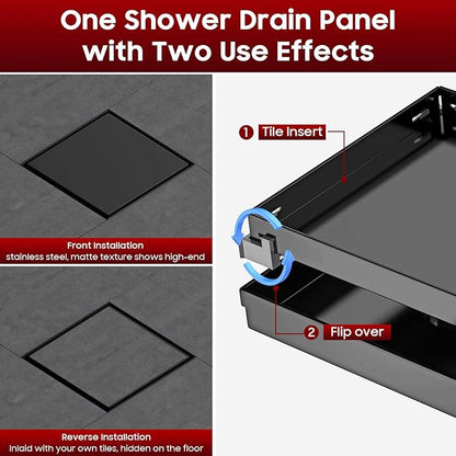 DLONE Square Shower Drain | 6 Inch AISI 304 Stainless Steel Shower Drain with Tile Insert Panel, Matte Black Shower Floor Drain in Bathroom, Balcony etc