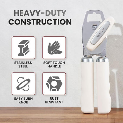 Zulay Kitchen Heavy Duty Stainless Steel Can Opener Manual with Bottle Opener - Rust Proof Manual Can Opener With Turn Knob & Comfy Soft Grip Handles - Cream
