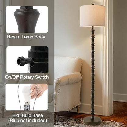 BOBOMOMO 62" Rustic Floor Lamp, Retro Farmhouse Standing Lamp with Rotary Switch, Resin Dark Brown Floor Lamp for Living Room, Bedroom, Corner, Nursery, Dining Room, House