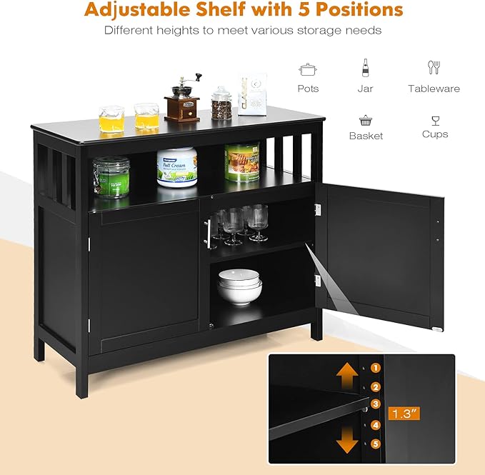 Giantex Kitchen Buffet Sideboard, Wooden Storage Server Cupboard Cabinet, Dining Room Living Room Bar Furniture 2-Door Console Table w/ 5-Position Adjustable Shelf & Open Shelf Drawer Cabinets (Black)