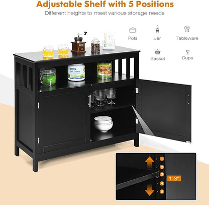 Giantex Kitchen Buffet Sideboard, Wooden Storage Server Cupboard Cabinet, Dining Room Living Room Bar Furniture 2-Door Console Table w/ 5-Position Adjustable Shelf & Open Shelf Drawer Cabinets (Black)