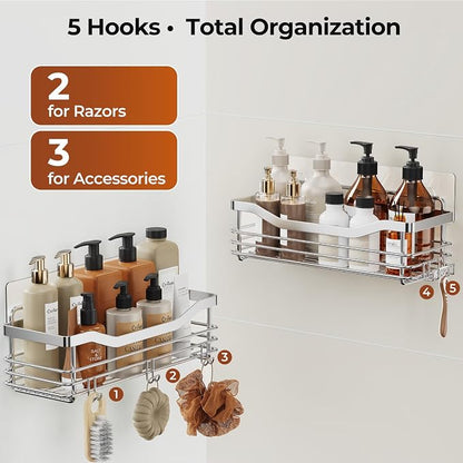 Orimade Shower Caddy Basket Shelf Storage Rack Pack of 2, No Drilling Wall Mounted Adhesive Rust Resistant Stainless Steel Shower Organizer with 5 Hooks for Bathroom, Toilet, Kitchen