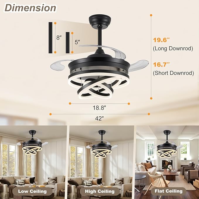 42" Retractable Ceiling Fans with Lights, Modern Fandelier Ceiling Fan with LED Light and Remote/APP Control 3 CCT, Reversible, 6 Wind Speed, Chandelier Ceiling Fan for Bedroom, Living Room Black