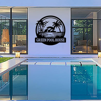 Custom Sunshine Palm Tree Beach House Metal Wall Art Personalized Ocean Waves Pool Name Sign Home Decor Patio Decoration Birthday Family Pool Home décor Tree House Sign