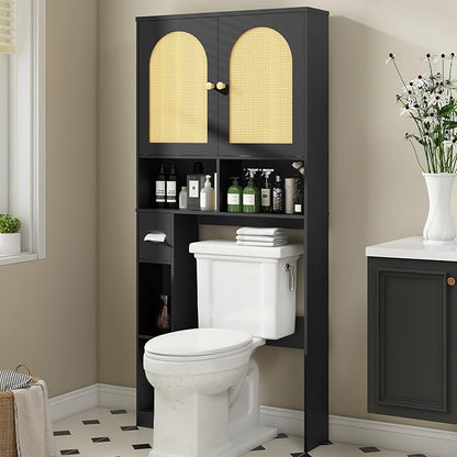 Over The Toilet Storage Cabinet, Wood Over Toilet Bathroom Organizer Cabinet with 2 Doors, Freestanding Home Space Save Toilet Rack for Restroom, Bathroom, Laundry, Black