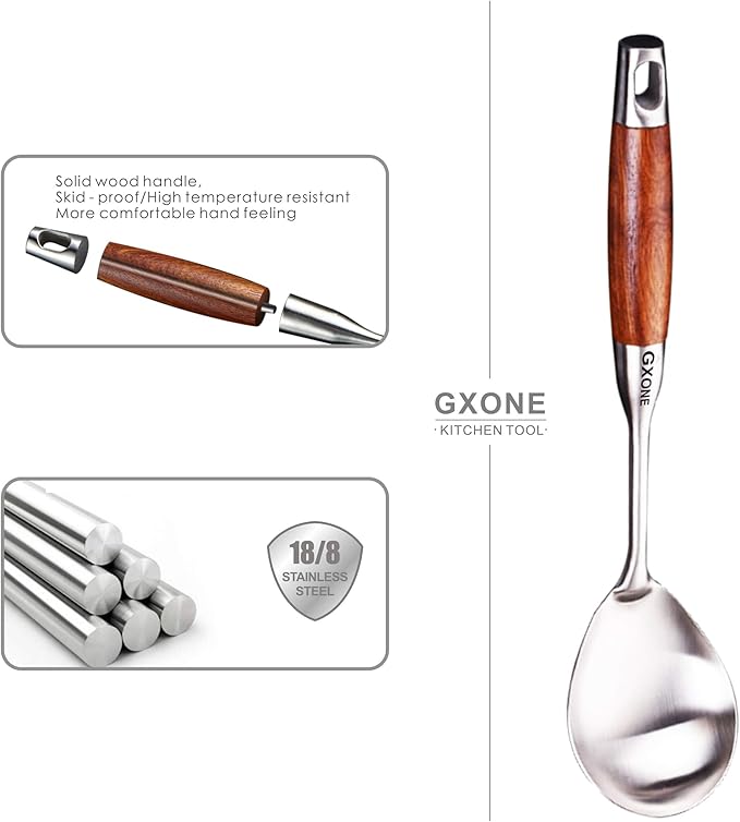GXONE Large Serving Spoons,304 Stainless Steel Cooking Spoon with Heat Resistant Wooden Handle,Silver/12.4Inch