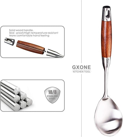 GXONE Large Serving Spoons,304 Stainless Steel Cooking Spoon with Heat Resistant Wooden Handle,Silver/12.4Inch
