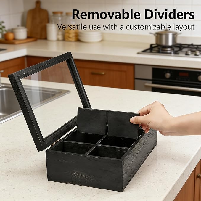 Alsonerbay Wooden Tea Box Tea Bag Holder Kitchen Storage Chest Box for Spice Pouches and Sugar Packets with 8 Compartments and Glass Window Weathered Black