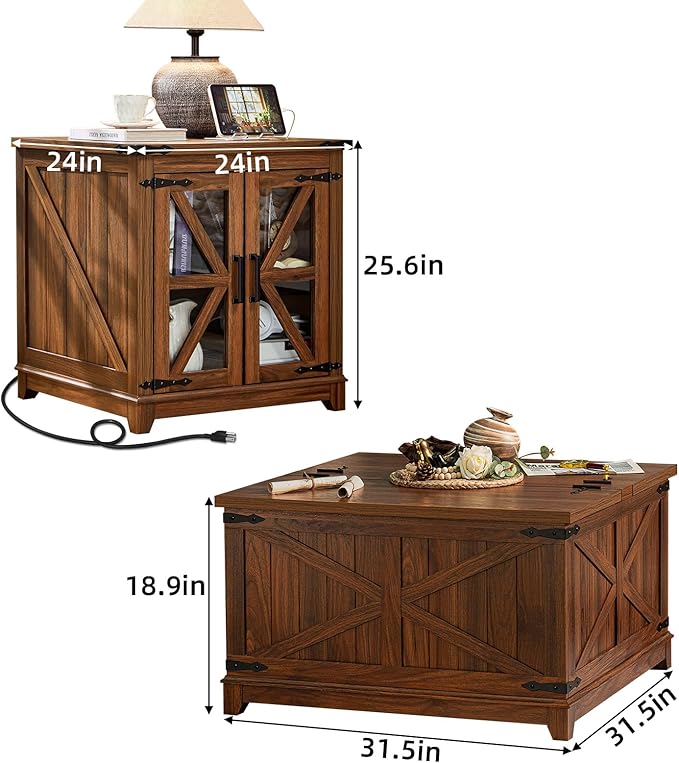 Farmhouse Coffee Table Set, 3 Pieces: Large End Side Tables with Charging Station and Coffee Table with Hidden Storage Compartment, Brown Wood Furniture Sets for Home Office