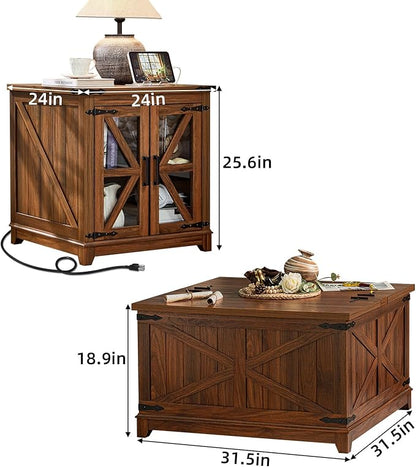 Farmhouse Coffee Table Set, 3 Pieces: Large End Side Tables with Charging Station and Coffee Table with Hidden Storage Compartment, Brown Wood Furniture Sets for Home Office